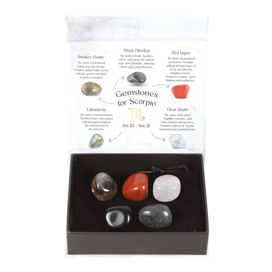 Scorpio Zodiac Crystal Gift Set – Smokey Quartz, Obsidian, Labradorite, Red Jasper & Clear Quartz in Luxury Box