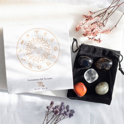 Scorpio Zodiac Crystal Gift Set – Smokey Quartz, Obsidian, Labradorite, Red Jasper & Clear Quartz in Luxury Box