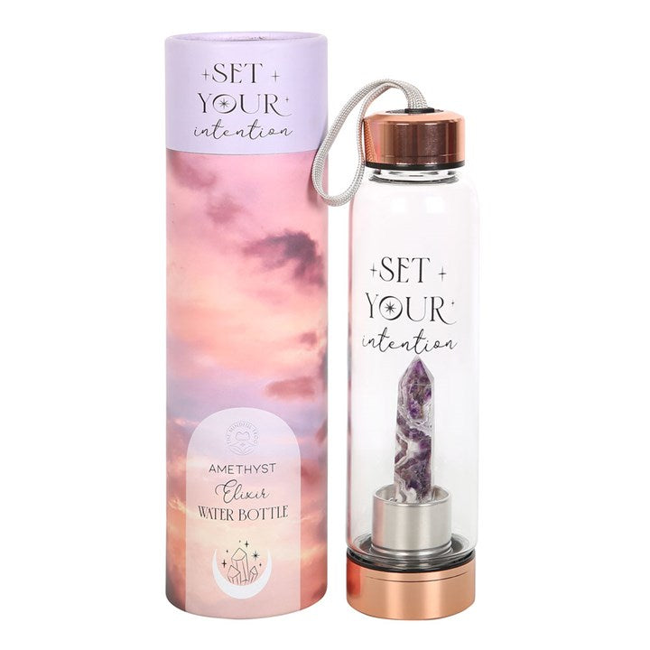 Amethyst Crystal Glass Water Bottle – ‘Set Your Intention’ 18oz Mindful Hydration Bottle