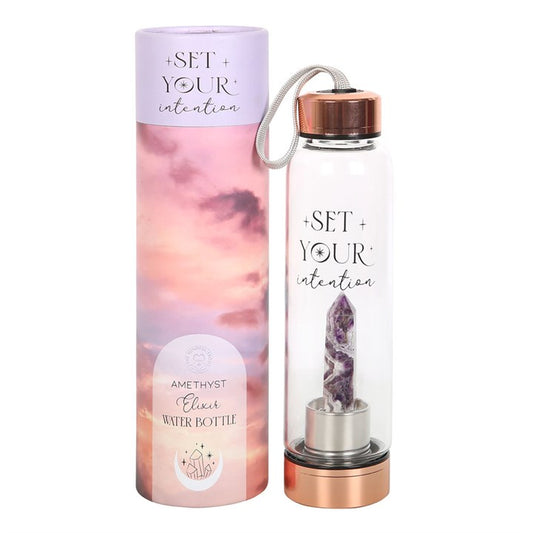 Amethyst Crystal Glass Water Bottle – ‘Set Your Intention’ 18oz Mindful Hydration Bottle
