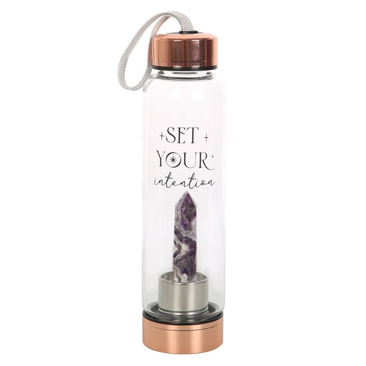 Amethyst Crystal Glass Water Bottle – ‘Set Your Intention’ 18oz Mindful Hydration Bottle