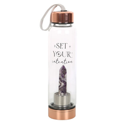 Amethyst Crystal Glass Water Bottle – ‘Set Your Intention’ 18oz Mindful Hydration Bottle