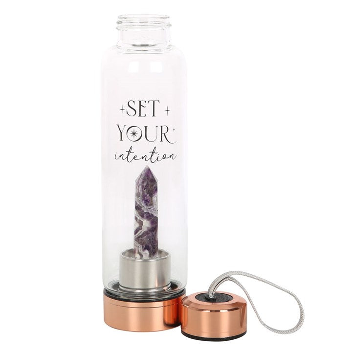 Amethyst Crystal Glass Water Bottle – ‘Set Your Intention’ 18oz Mindful Hydration Bottle