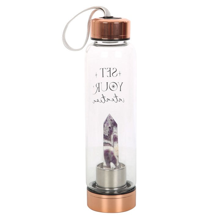 Amethyst Crystal Glass Water Bottle – ‘Set Your Intention’ 18oz Mindful Hydration Bottle