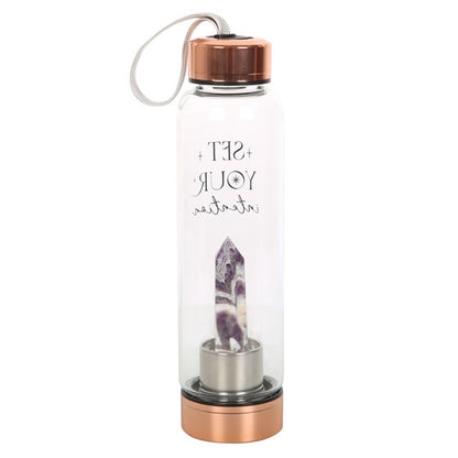 Amethyst Crystal Glass Water Bottle – ‘Set Your Intention’ 18oz Mindful Hydration Bottle