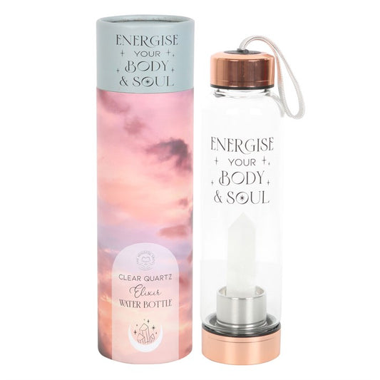 Clear Quartz Crystal Glass Water Bottle – ‘Energise Your Body & Soul’ 18oz Mindful Hydration Bottle