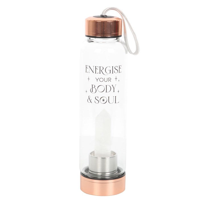 Clear Quartz Crystal Glass Water Bottle – ‘Energise Your Body & Soul’ 18oz Mindful Hydration Bottle
