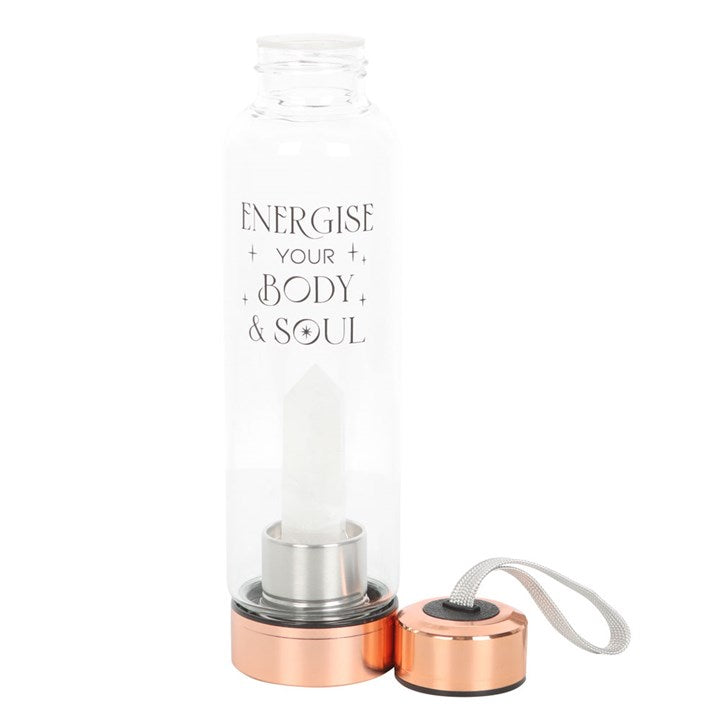 Clear Quartz Crystal Glass Water Bottle – ‘Energise Your Body & Soul’ 18oz Mindful Hydration Bottle