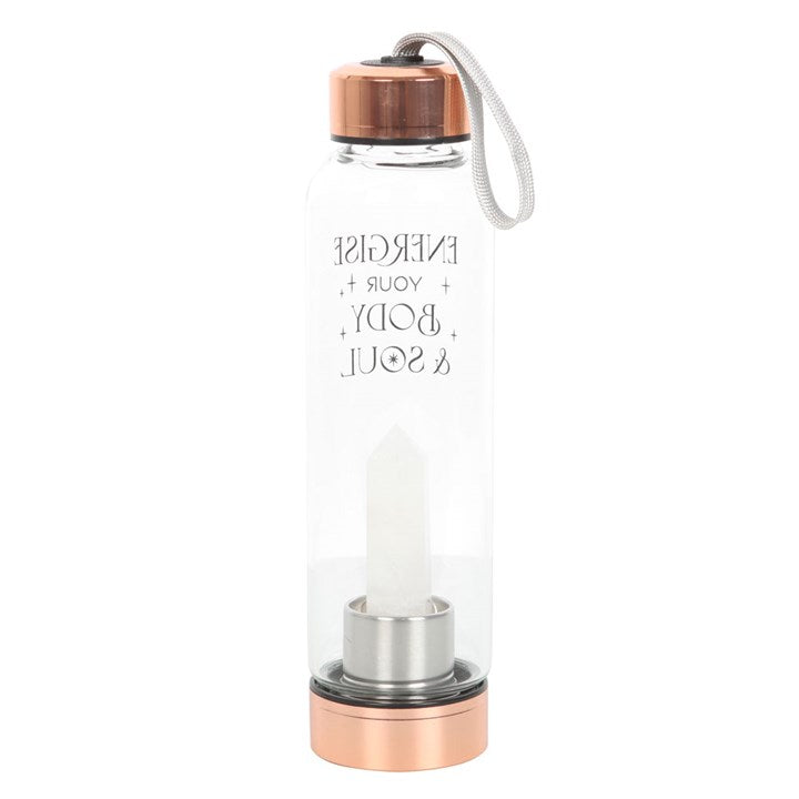 Clear Quartz Crystal Glass Water Bottle – ‘Energise Your Body & Soul’ 18oz Mindful Hydration Bottle