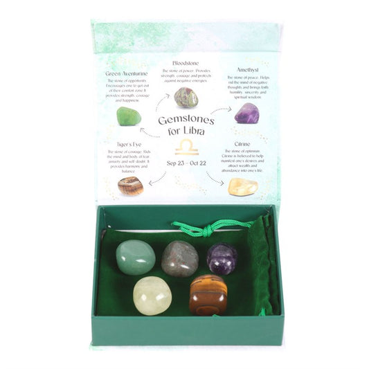 Libra Zodiac Crystal Gift Set – Bloodstone, Aventurine, Amethyst, Tiger’s Eye & Lemon Quartz in Luxury Box