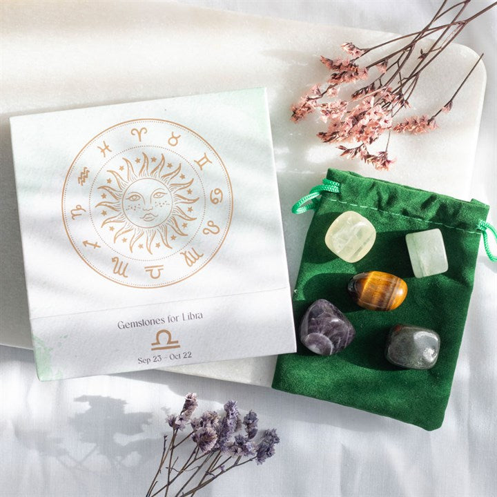 Libra Zodiac Crystal Gift Set – Bloodstone, Aventurine, Amethyst, Tiger’s Eye & Lemon Quartz in Luxury Box