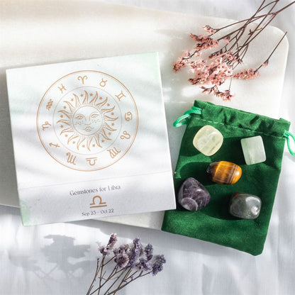 Libra Zodiac Crystal Gift Set – Bloodstone, Aventurine, Amethyst, Tiger’s Eye & Lemon Quartz in Luxury Box