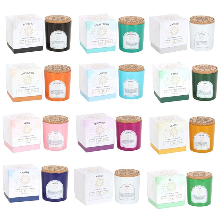 Set of 12 Zodiac Gemstone Candles – Astrology Crystal Chip Candles for Each Star Sign