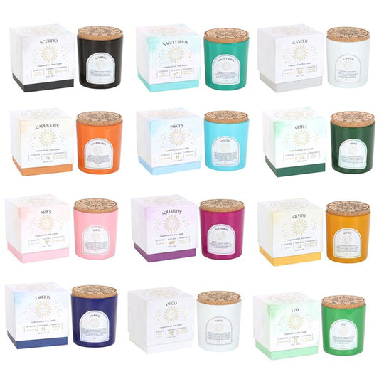 Set of 12 Zodiac Gemstone Candles – Astrology Crystal Chip Candles for Each Star Sign