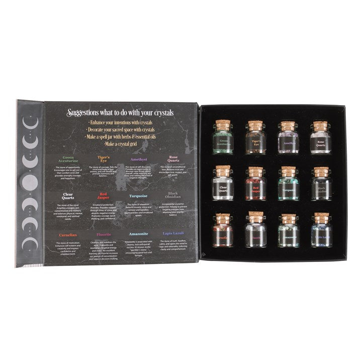 Crystal Chip Jar Set – 12 Mini Gemstone Bottles for Manifestation, Spell work & Sacred Décor