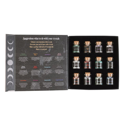 Crystal Chip Jar Set – 12 Mini Gemstone Bottles for Manifestation, Spell work & Sacred Décor