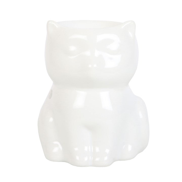 White Cat Oil Burner – Shiny Ceramic Aroma Burner for Intuition & Protection