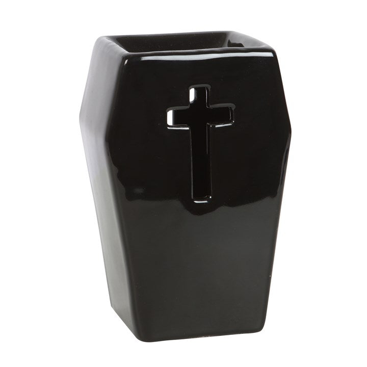Black Coffin Oil Burner with Cut-Out Cross – Gothic Home & Ritual Aroma Décor