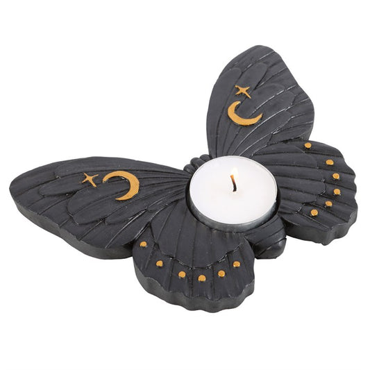 Black Moth Tealight Holder – Celestial Candle Holder with Moon & Star Accents