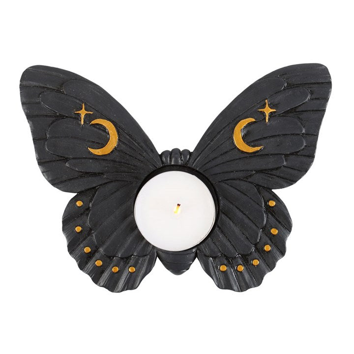Black Moth Tealight Holder – Celestial Candle Holder with Moon & Star Accents