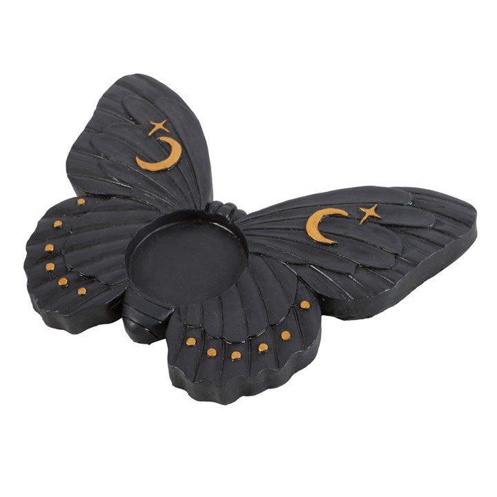 Black Moth Tealight Holder – Celestial Candle Holder with Moon & Star Accents