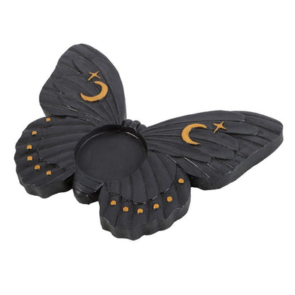 Black Moth Tealight Holder – Celestial Candle Holder with Moon & Star Accents