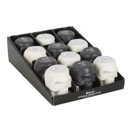 Set of 12 Skull Candles – Black Opium & White Sage Scented Gothic Candle Display