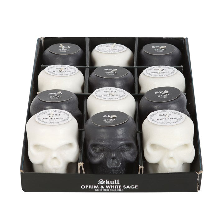 Set of 12 Skull Candles – Black Opium & White Sage Scented Gothic Candle Display