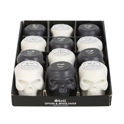 Set of 12 Skull Candles – Black Opium & White Sage Scented Gothic Candle Display