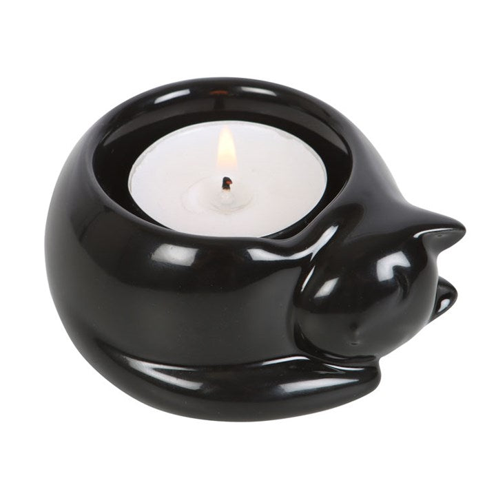 Black Cat Ceramic Tealight Holder – Mystical Symbol of Protection, Comfort & Familiar Energy