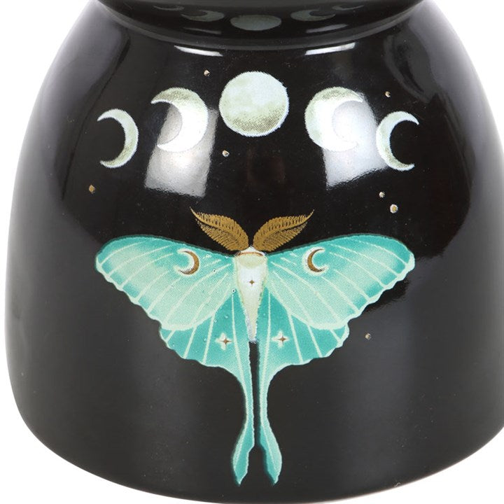 Luna Moth Oil Burner – Black Ceramic Aroma Burner with Moon Phase Design