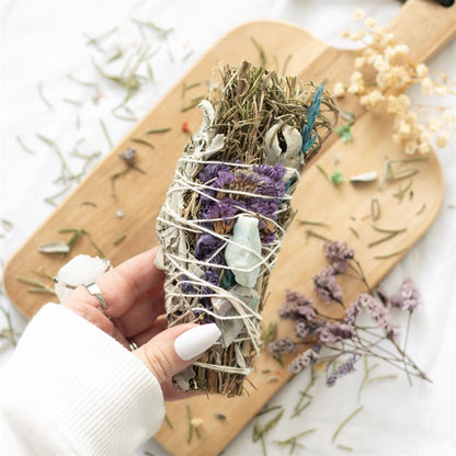 6in Ritual Smudge Wand with Rosemary, Sage, Lavender & Aventurine – Cleansing & Prosperity Tool
