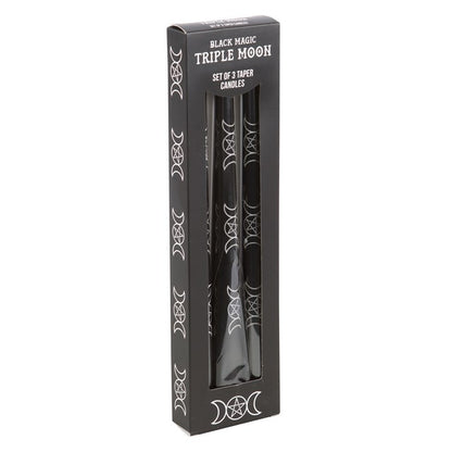 Set of 3 Black Triple Moon Candles – Mystical Taper Candles for Rituals & Home Décor