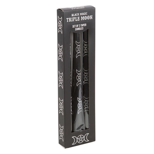 Set of 3 Black Triple Moon Candles – Mystical Taper Candles for Rituals & Home Décor