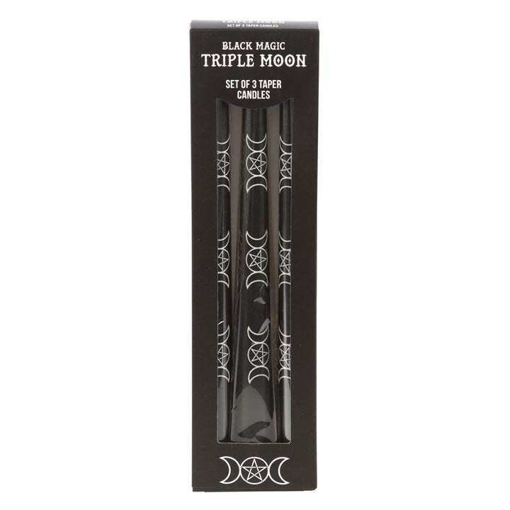 Set of 3 Black Triple Moon Candles – Mystical Taper Candles for Rituals & Home Décor