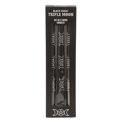 Set of 3 Black Triple Moon Candles – Mystical Taper Candles for Rituals & Home Décor