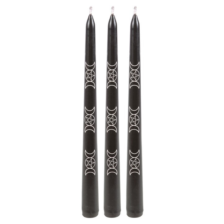 Set of 3 Black Triple Moon Candles – Mystical Taper Candles for Rituals & Home Décor