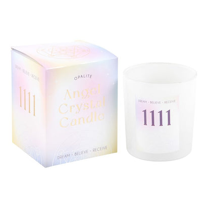 Angel Number 1111 Candle with Opalite Crystals – Lavender & Patchouli, 25hr Burn