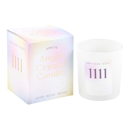 Angel Number 1111 Candle with Opalite Crystals – Lavender & Patchouli, 25hr Burn