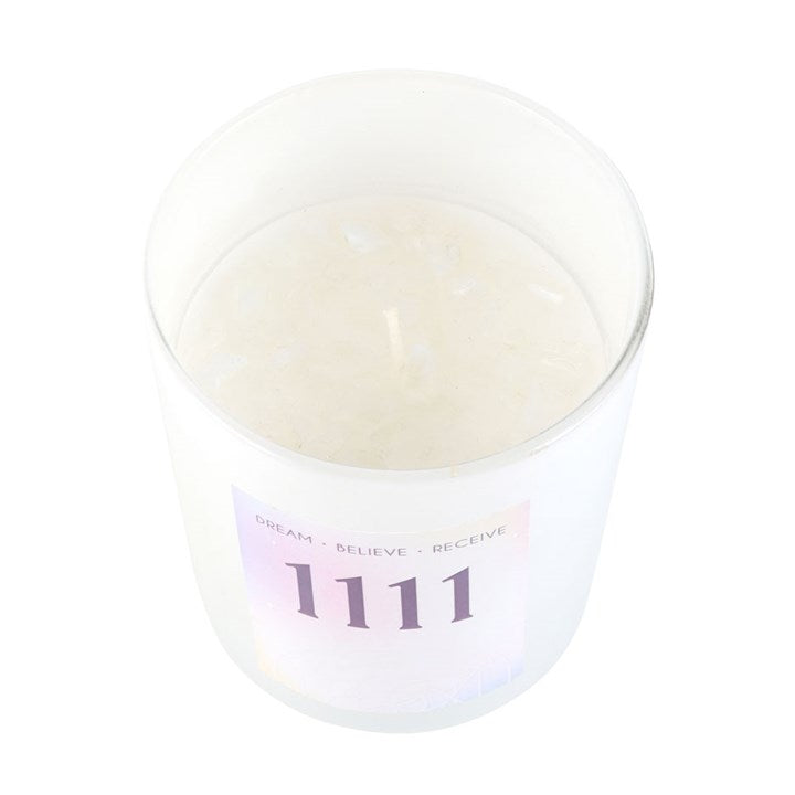 Angel Number 1111 Candle with Opalite Crystals – Lavender & Patchouli, 25hr Burn
