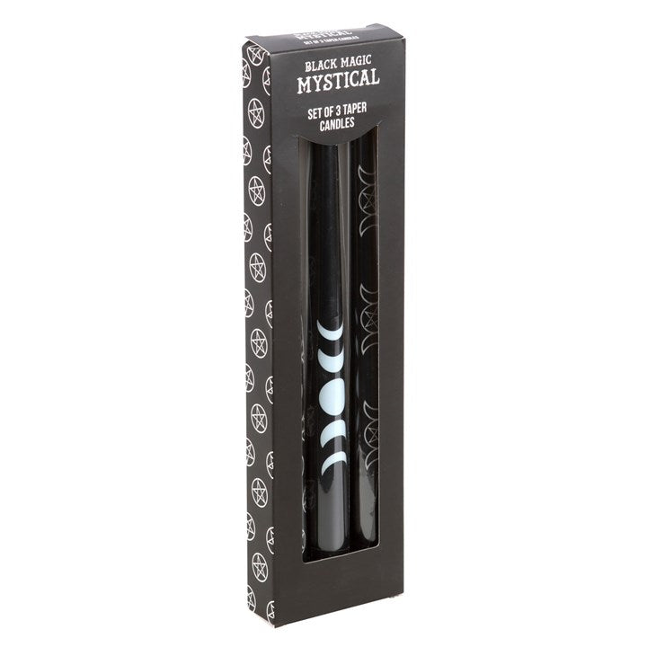 Moon Phases & Pentagram Ritual Candle Set – 3 Mystical Black Taper Candles