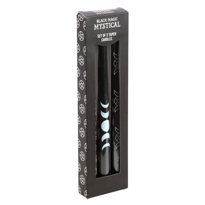 Moon Phases & Pentagram Ritual Candle Set – 3 Mystical Black Taper Candles