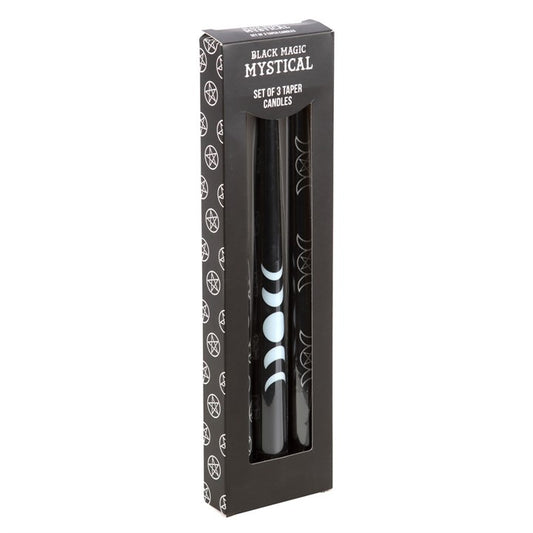 Moon Phases & Pentagram Ritual Candle Set – 3 Mystical Black Taper Candles