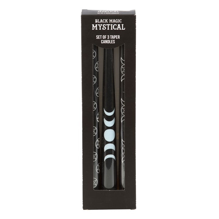 Moon Phases & Pentagram Ritual Candle Set – 3 Mystical Black Taper Candles
