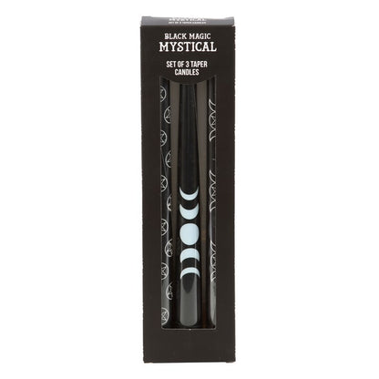Moon Phases & Pentagram Ritual Candle Set – 3 Mystical Black Taper Candles