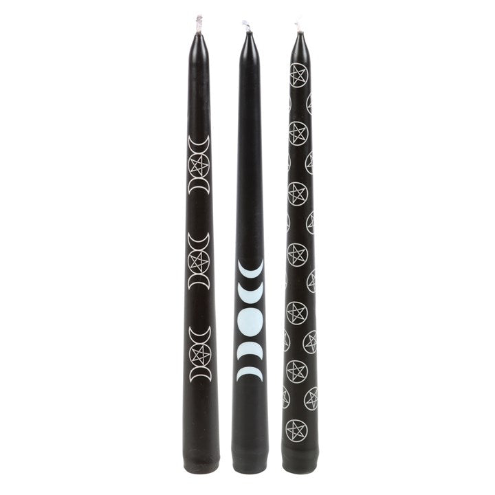 Moon Phases & Pentagram Ritual Candle Set – 3 Mystical Black Taper Candles