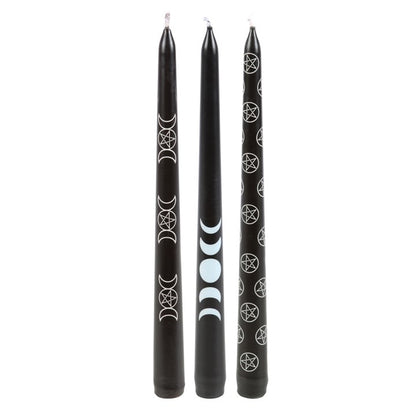 Moon Phases & Pentagram Ritual Candle Set – 3 Mystical Black Taper Candles