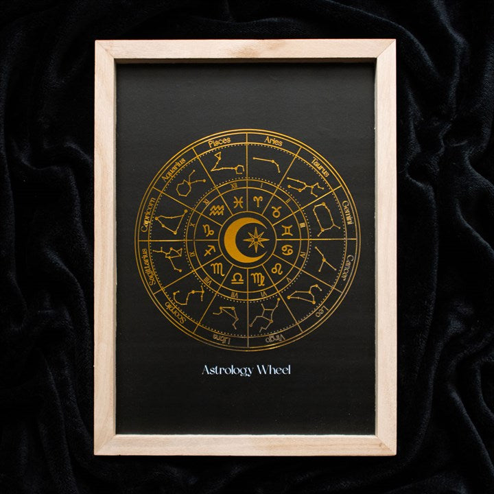 Astrology Wheel Golden Foil Framed Print – Celestial Wall Art for Home & Spirit