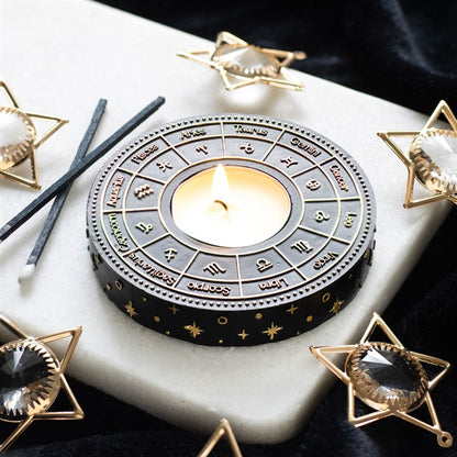 Astrology Wheel Tealight Holder – Celestial Gold-Detail Candle Holder for Rituals & Home Décor