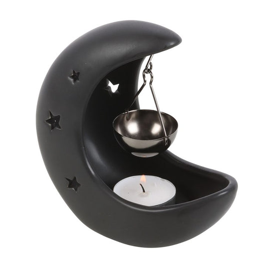 Black Crescent Moon Oil Burner – Celestial Ceramic Wax & Fragrance Diffuser with Star Cutouts